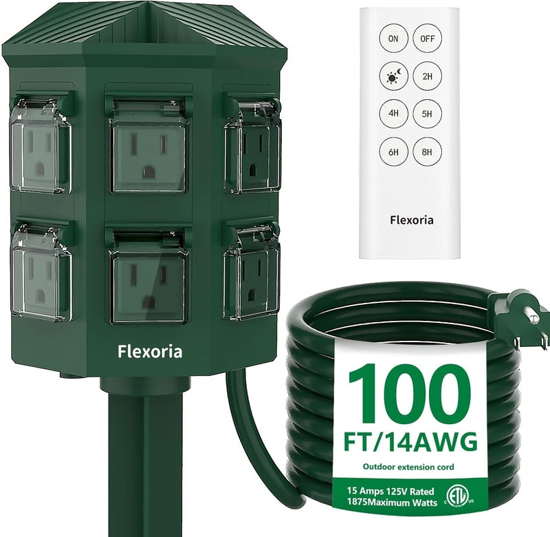 Flexoria Outdoor Power Stake Timer, Remote Control Dusk to Dawn Light Timer, 100 FT Extension Cord Waterproof, 6 Grounded Outlets for Outdoor Christmas Decorations, ETL Listed - Image 1
